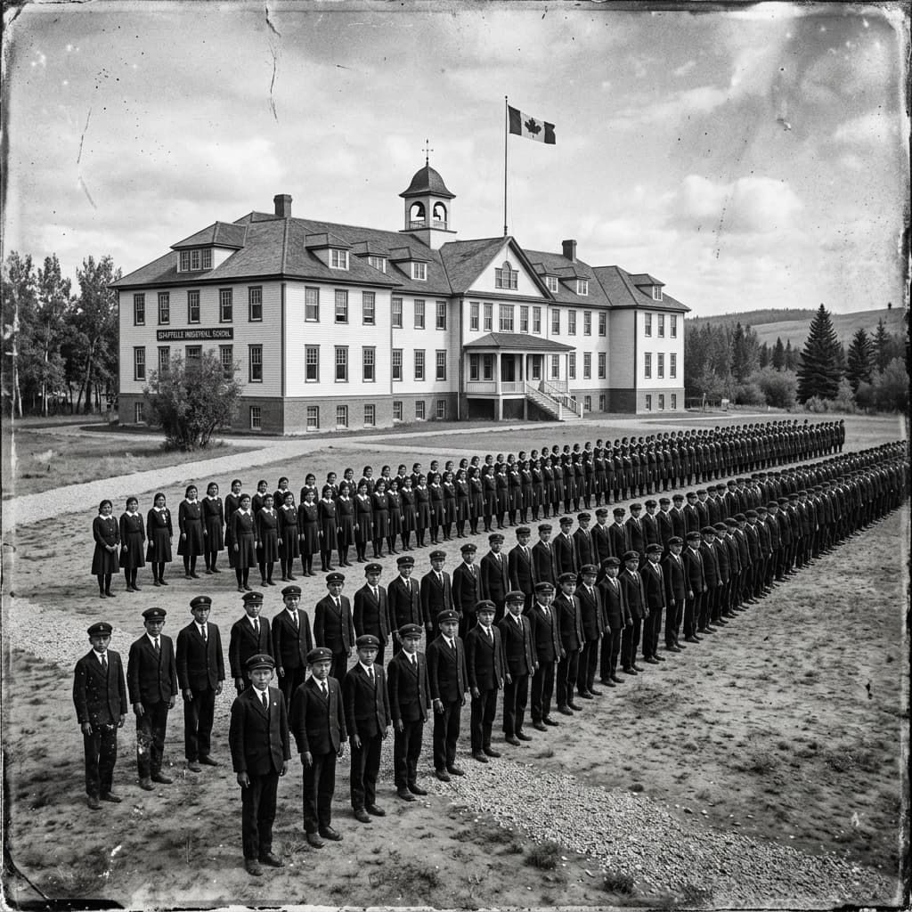 Students lined up in front of building