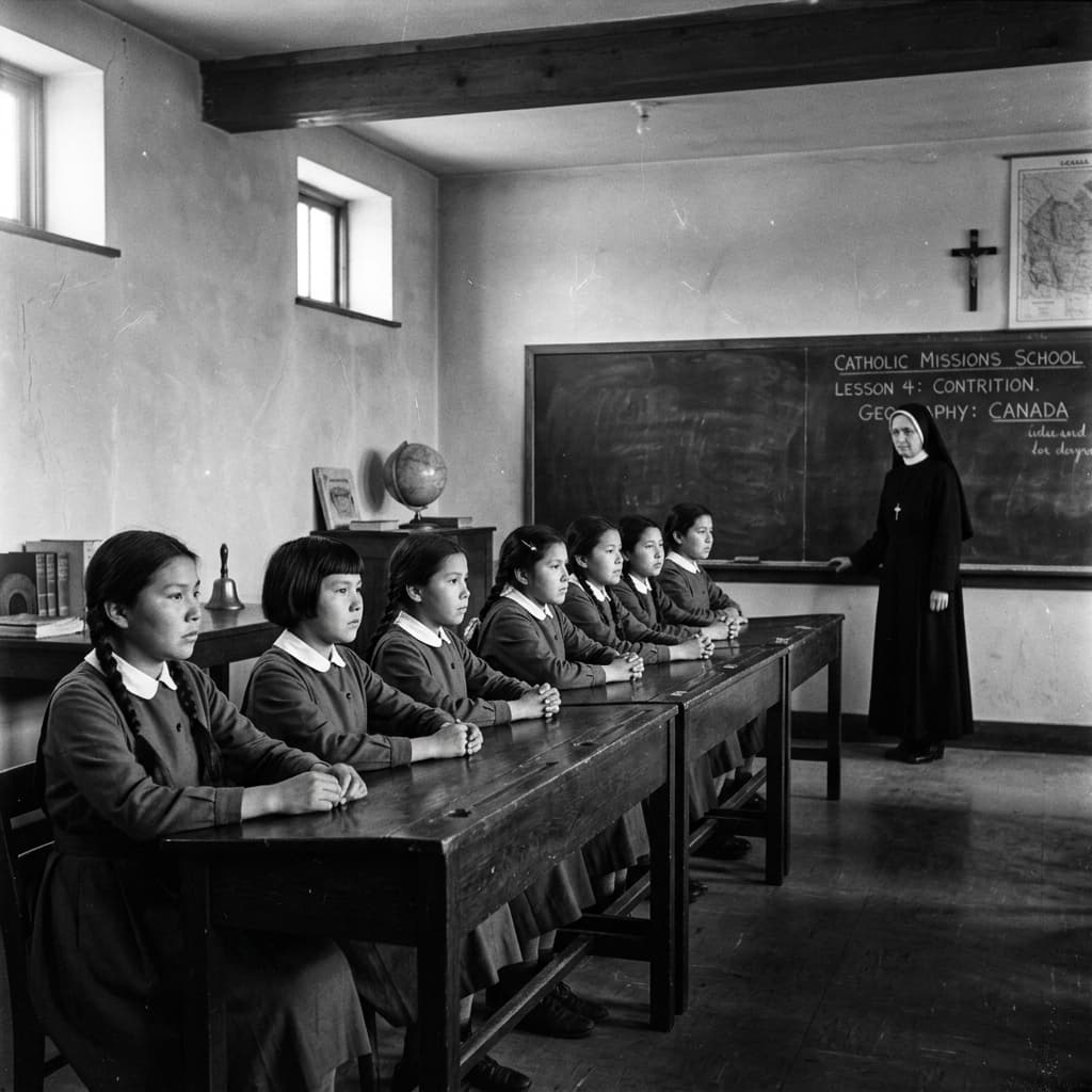 Residential school classroom with nun