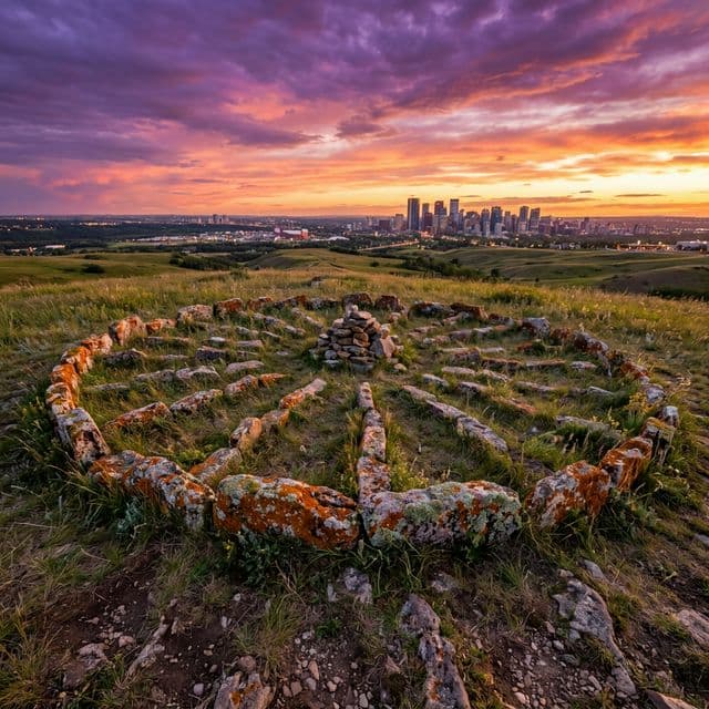 Stone Wheel at Sunset with City Vista