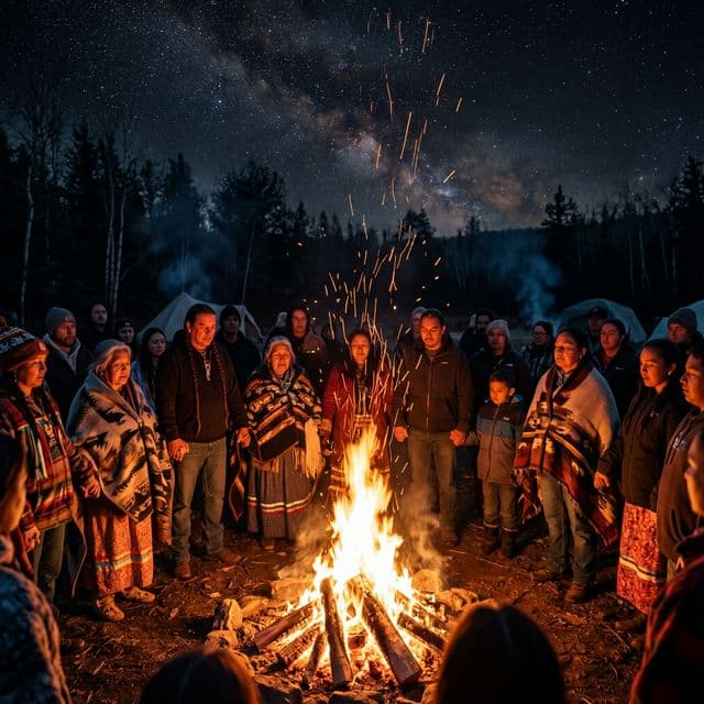 Community gathering around a sacred fire