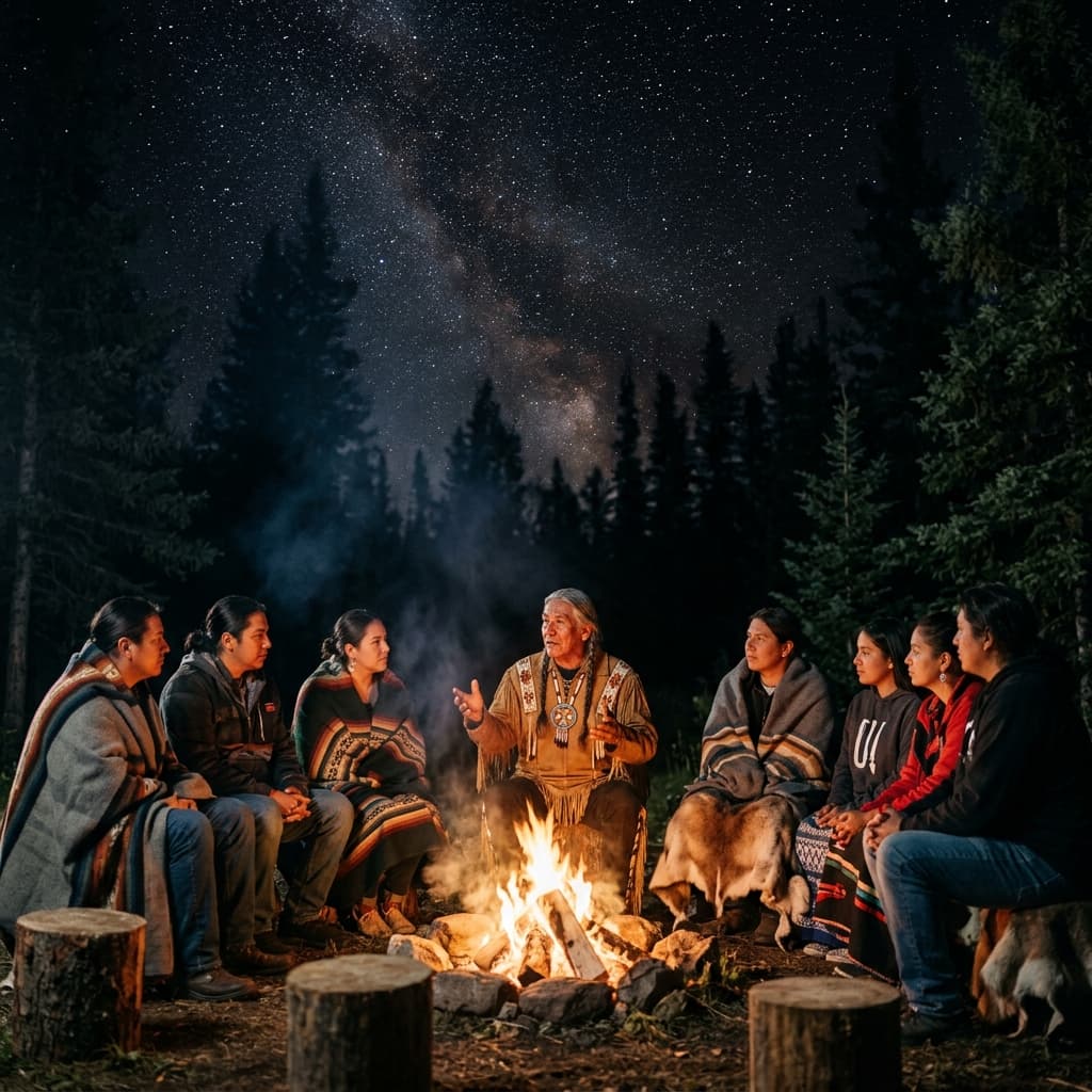Indigenous elder telling stories by a campfire at night